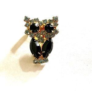 Vintage Darling Little Black and Blue Rhinestones, on Gold Owl Brooch